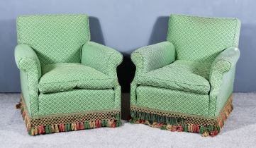 A Pair of Early 20th Century Square Back Easy Chairs, upholstered in green diaper pattern cloth,