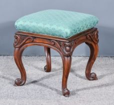 A Victorian Rosewood Rectangular Stool, the seat upholstered in blue floral cloth, and on cabriole