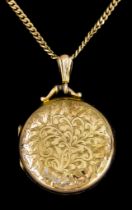 A 9ct Gold Locket and Chain, comprising - a circular locket, 28mm diameter, suspended from a flat