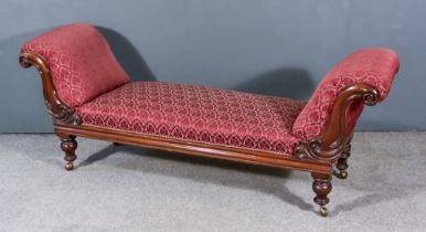 A Victorian Mahogany Framed Double Scroll End Day Bed, with moulded showwood frame, upholstered in