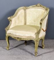 A 19th Century French Green Painted Frame Tub Chair, the shaped and moulded frame with floral