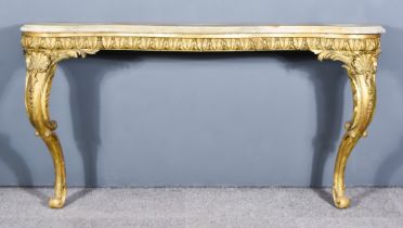 A 19th Century Italian Gilt Serpentine Fronted Console Table, with white marble top, leaf carved