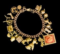 A 9ct Gold Charm Bracelet, suspended with eighteen charms, various, 210mm overall, total gross