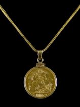 An Edward VII Sovereign 1905, in pendant mount, gross weight 10g, and an 18ct gold snake chain,