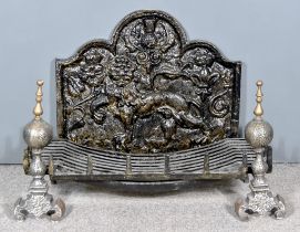 A Cast Iron Fire Back, 20th Century, of "17th Century" Design, depicting rose, fleur-de-lis and a