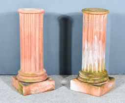 A Pair of Terracotta Garden Pedestals, 20th Century, with fluted columns, on square bases, 28ins