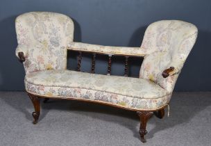 A Late Victorian Walnut Twin Chair Back Settee, with spiral turned rails to centre, scroll carved