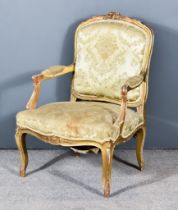 An Early 20th Century French Gilt Framed Open Arm Fauteuil, with moulded frame, the seat, back and