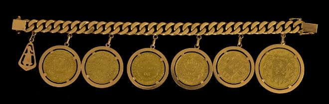 A Flat Curb Bracelet set with gold coins, comprising - forty francs,1818,five twenty francs, 1827,