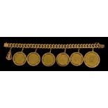 A Flat Curb Bracelet set with gold coins, comprising - forty francs,1818,five twenty francs, 1827,