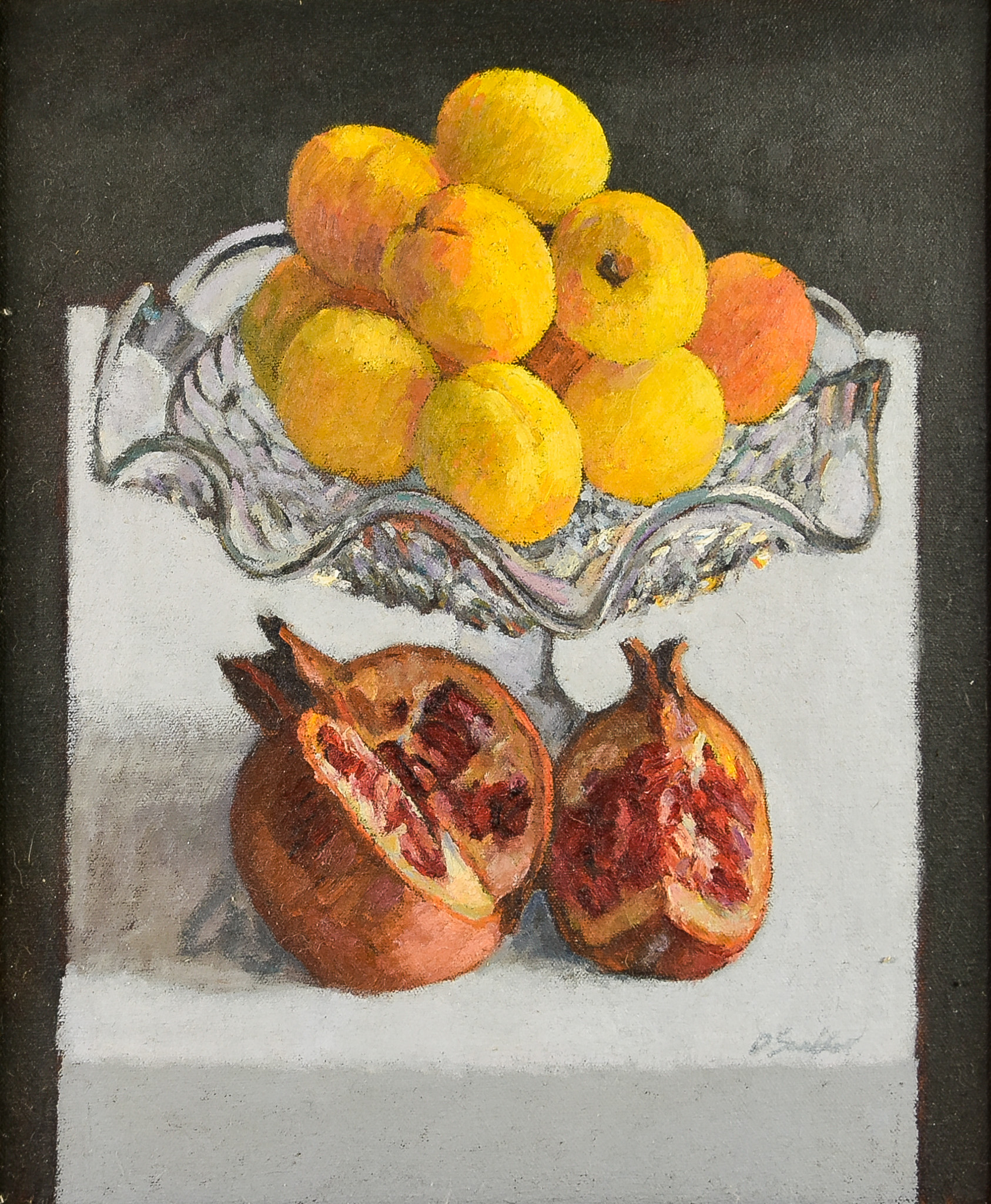 ***David Sinclair (Born 1937) - Oil painting - "Pomegranate and Apricots", signed, canvas 12ins x