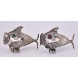 Two Continental Plated Articulated Fish Pattern Salts, one with green glass eyes, the other with red