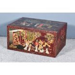A 19th Century Painted Leather Camphorwood Chest, the whole decorated with chinoiserie, with