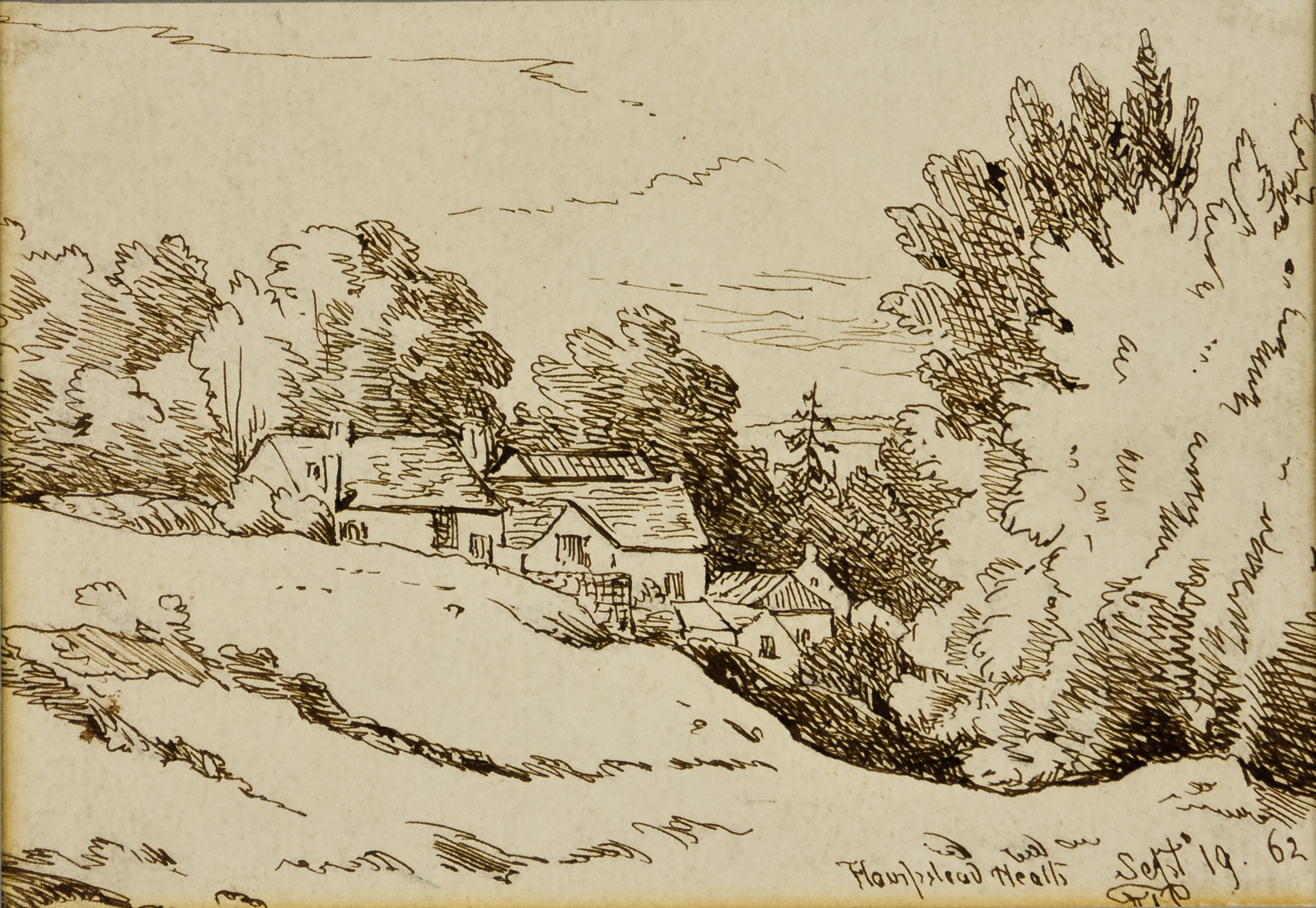 19th Century English School - Pen drawing – “Hampstead Heath”, 3.5ins x 5.25ins, titled, dated, Sept - Image 2 of 6
