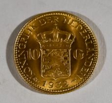 A Wilhelmina, Ten Gulden Gold Coin, 1932, 6.7g, fine