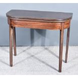 A George III Mahogany Card Table with moulded edge to the baize lined folding top, plain frieze,