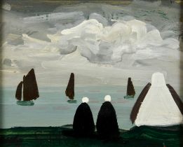 Attributed to Markey Robinson (1916-1999) - Two figures watching boats by a cottage, signed, board