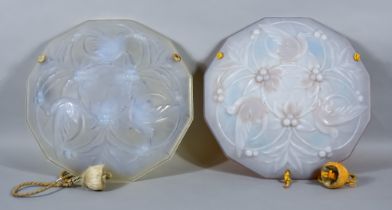 A Pair of 20th Century French Opalescent Glass Light Covers, each depicting birds, fruiting vines