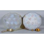 A Pair of 20th Century French Opalescent Glass Light Covers, each depicting birds, fruiting vines