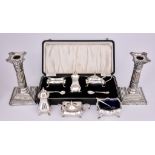 An Elizabeth II Three-Piece Condiment Set and Mixed Silverware, the condiment set by William