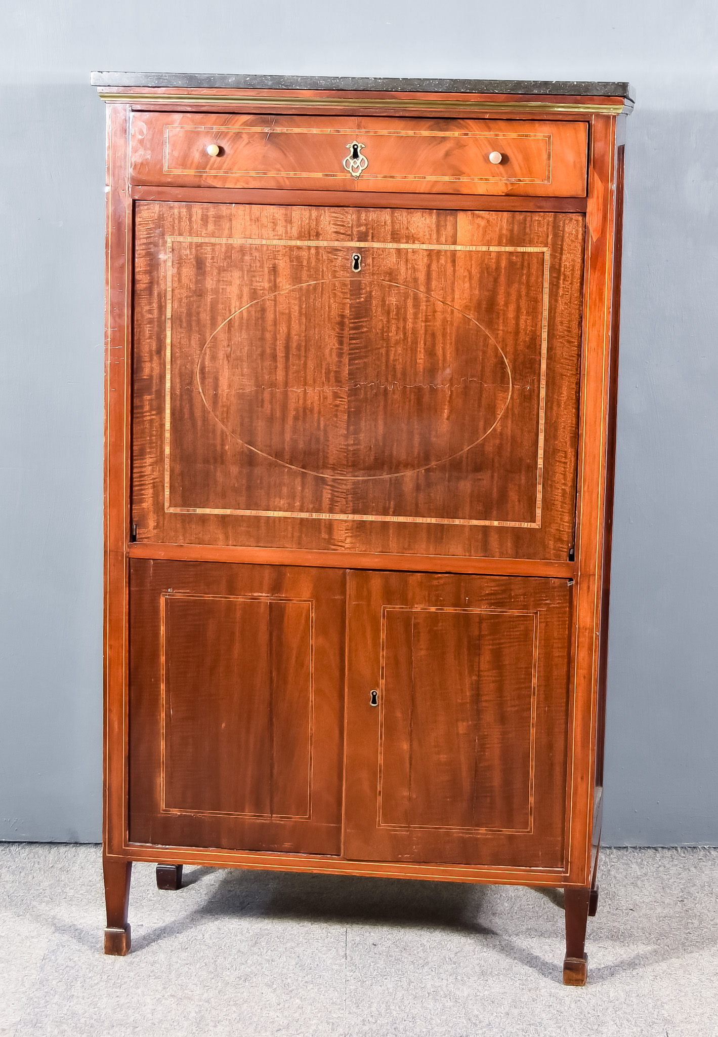 A 19th Century French Mahogany, Inlaid and Gilt Metal Mounted Secretaire Abattant, with black and