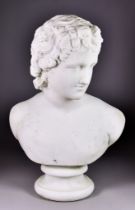 19th Century Continental School - White marble bust of Apollo, on circular socle, 19.5ins high