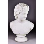 19th Century Continental School - White marble bust of Apollo, on circular socle, 19.5ins high