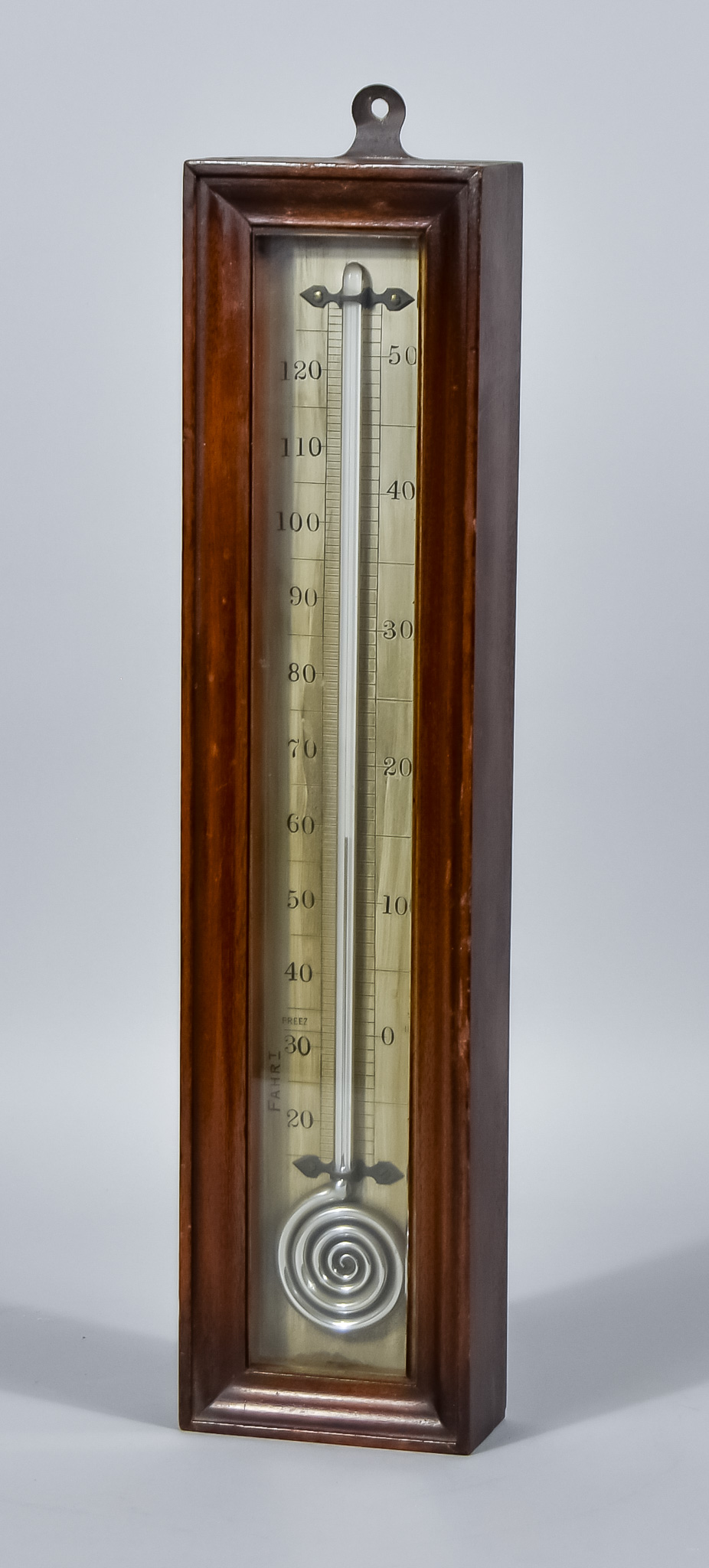 An English Mahogany-Cased Wall Thermometer, 20th Century, with 14.25ins silvered scale and mercury