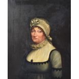 Early 19th Century English School - Oil painting - Half-length portrait of a lady wearing white work