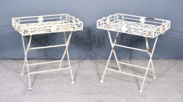 A Pair of White Metal Painted Rectangular Two-Handled Trays on folding stands, 21.5ins wide x 15.