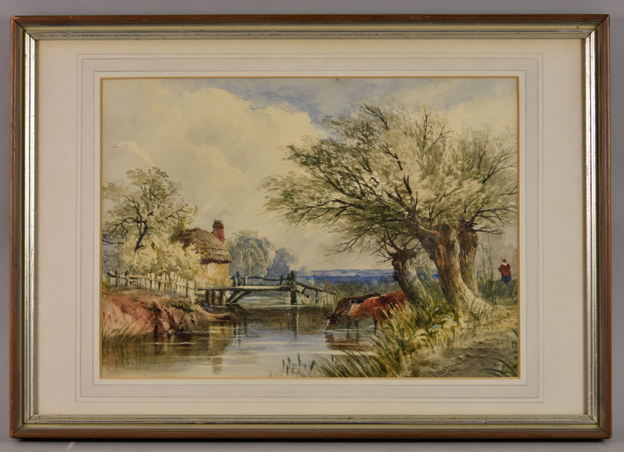 Cornelius Pearson (1805-1891) - Watercolour – River landscape with two cows watering, signed and - Image 5 of 6