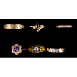 Six 14ct Gold Rings, comprising - one set with old cut diamond, approximately .25ct, size R, a