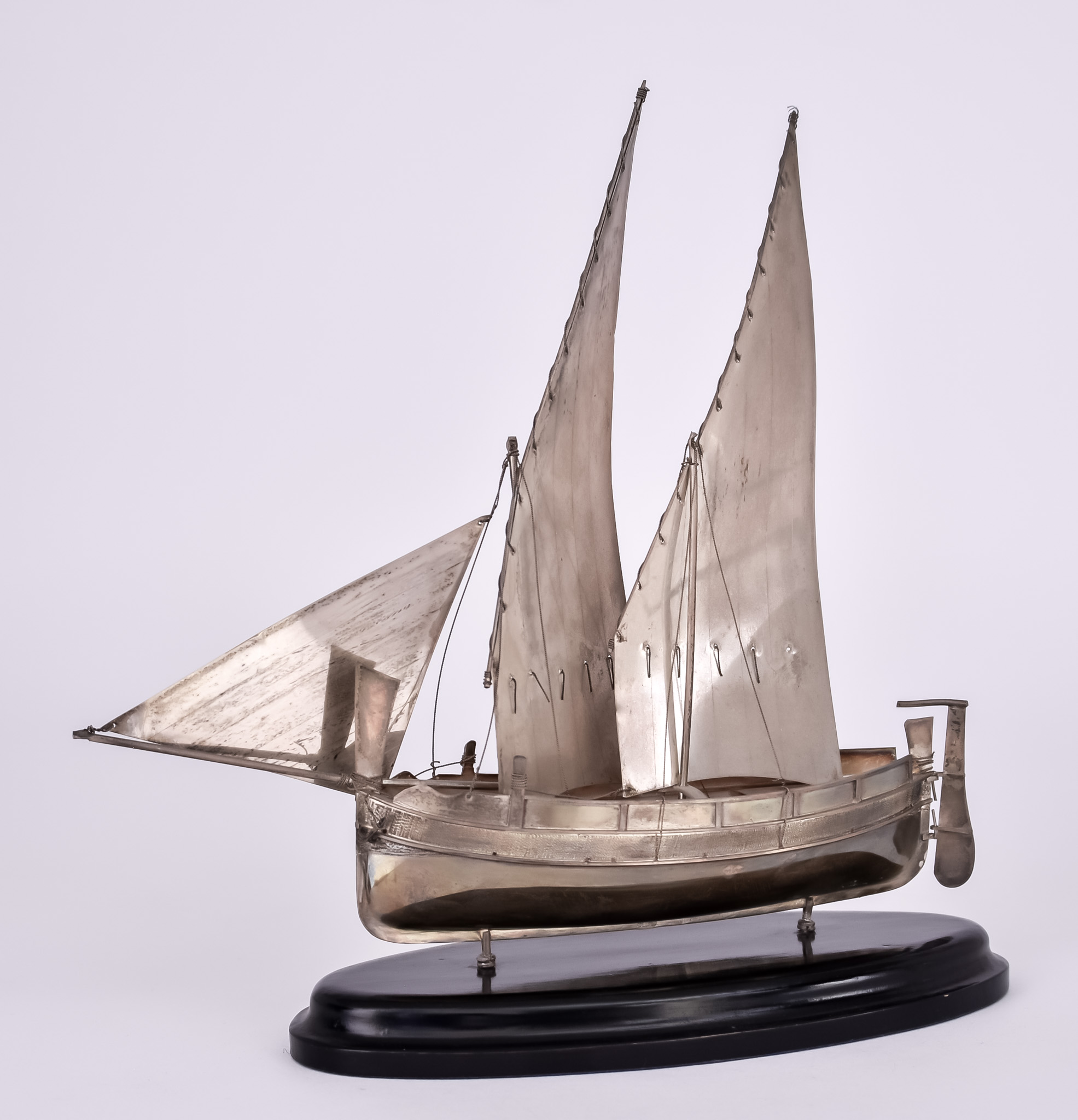 A 20th Century Maltese Silver Model of a Sailing Boat, stamped 925 silver, 11ins long x 11ins