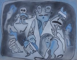 20th Century School - Ink and watercolour - Abstract study of figures in greys and blues,