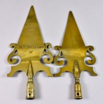 A Friendly Society Brass Stave Head, of Spear Form, engraved "Wm. Millard" over M., 10.25ins and