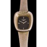 A Lady's Manual Wind Wristwatch, by Longines, frosted 18ct white gold case, 25mm x 28mm, black