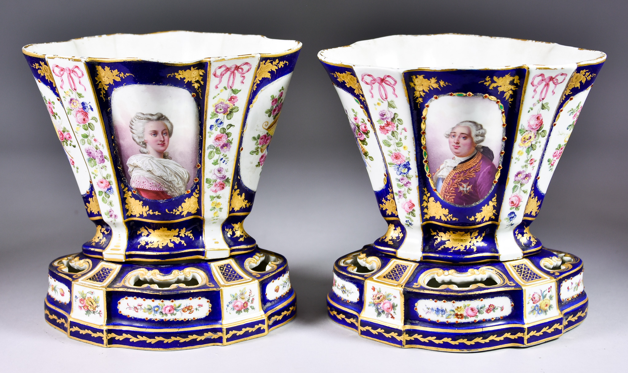 A Pair of French Porcelain 'Hollandois Noveau Ovale' Bulb Vase, enamelled in colours with