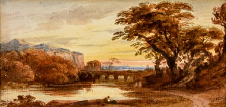 William Payne (1755/60 – c.1830) - Watercolour – Figures in a landscape, signed, 2.25ins x 6.