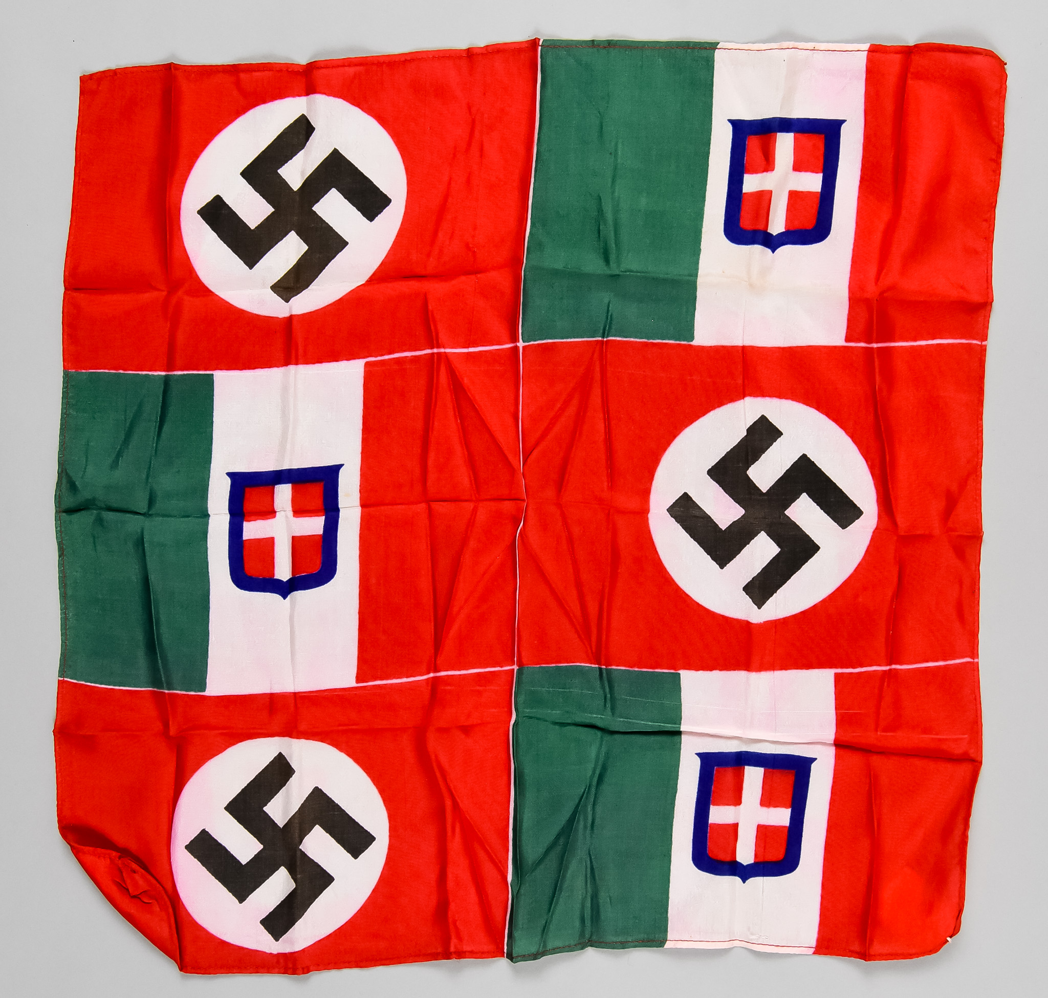 A Silk Italian Souvenir Handkerchief, comprising German and Italian WWII flags, bearing original