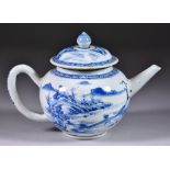 A Chinese Blue and White Porcelain Teapot and Cover, painted with a mountainous river landscape, 4.