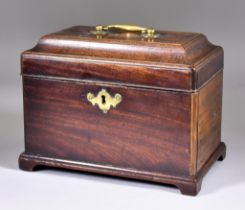 A George III Figured Mahogany Rectangular Tea Caddy, with brass swan neck handle to top and ornate