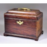 A George III Figured Mahogany Rectangular Tea Caddy, with brass swan neck handle to top and ornate