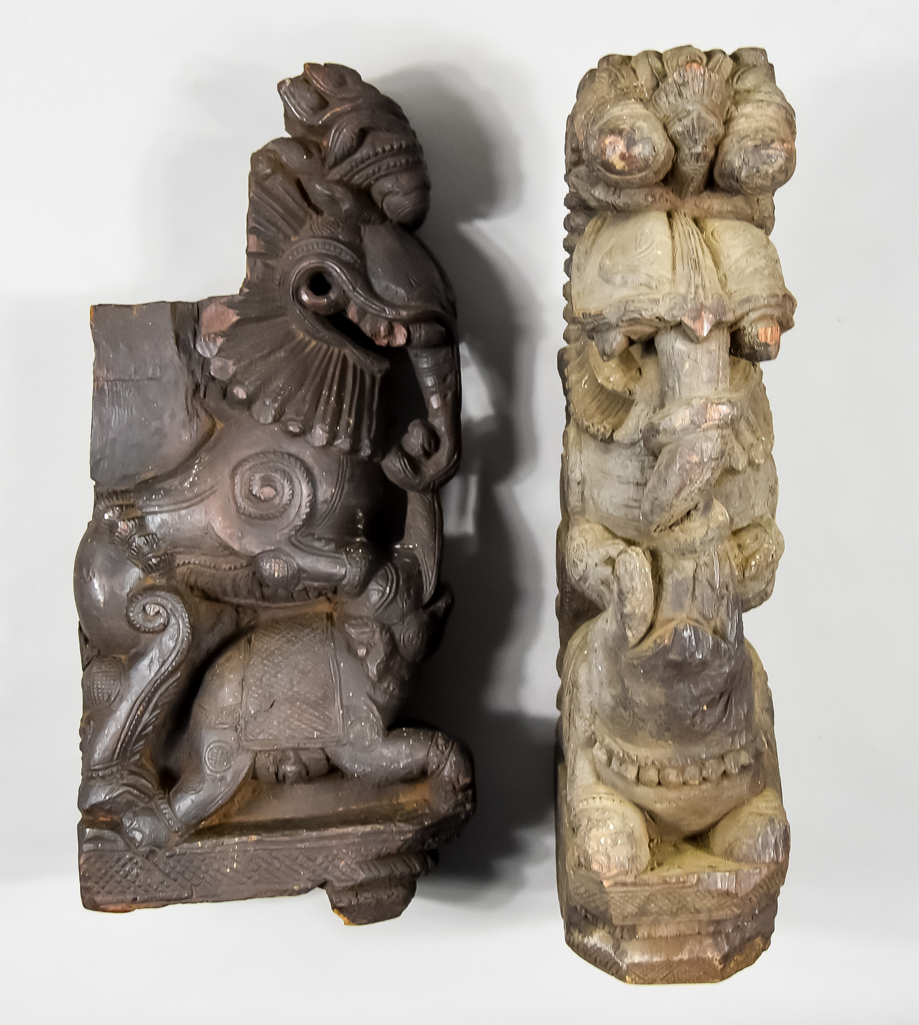 Two Similar Carved Teak Hindu Aratha Chariot Panels, 19th Century, each depicting an elephant