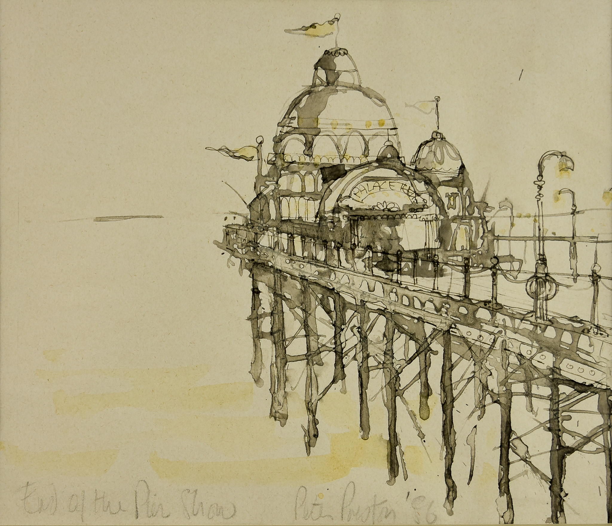 Peter Preston - Wash drawing - "End of the Pier Show", signed and dated '86, 9ins x 10.25ins, framed