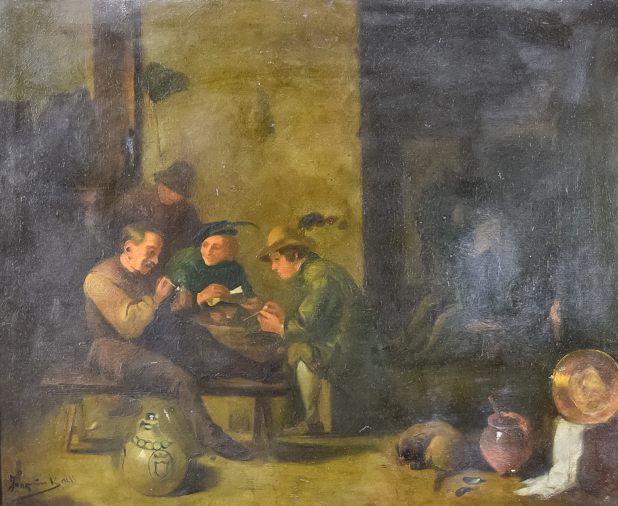 19th Century Dutch School - Oil painting - Three seated figures in an interior after 17th Century