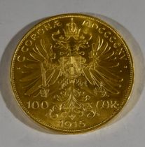 An Emperor Frans Joseph I, Austrian, Hundred Coronas Gold Coin, 1915, 34g, fine