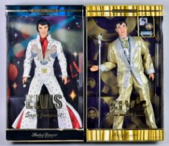 Two Mattel Timeless Treasures Elvis, featuring the white eagle jump suit, Serial No.28570 and the