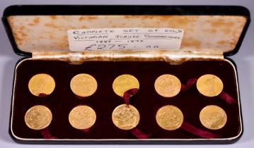 Ten Victoria Jubilee Head Sovereigns, Ranging from 1887-1893, all fine, and in fitted case We