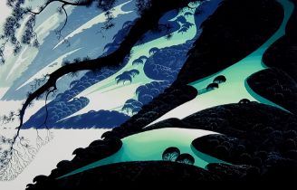 Eyvind Earle (1916-2000) - Serigraph in colours - Landscape with trees in shades of green and mauve,