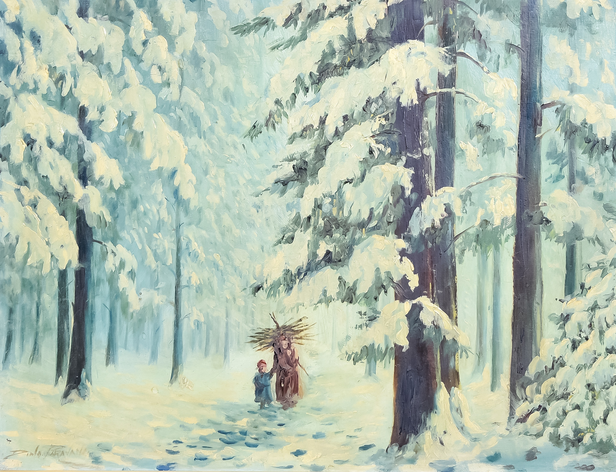 ***Dino Paravano (Born 1935) - Oil painting - Winter woodland scene with figures, signed, panel,